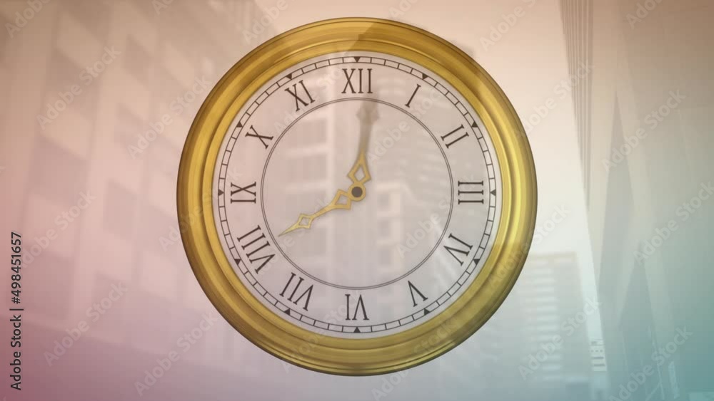 Animation of clock moving over cityscape Animation of clock moving over cityscape