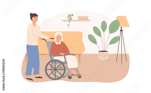 Residential care facility. Social worker taking care of disabled elderly person on wheelchair. Old age woman living in senior house. Home care services for retired people. Vector flat illustration.