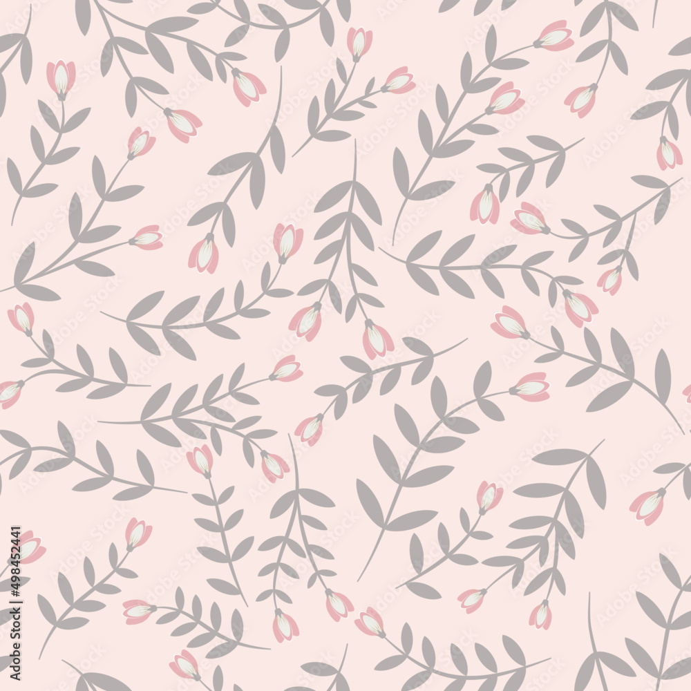 Pink flowers and grey leaves on light pink background seamless pattern