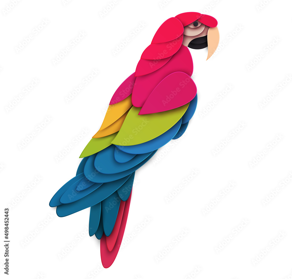 Abstract macaw bird isolated on white background. Creative 3d concept in cartoon craft paper cut style. Colorful minimal design character. Modern geometric vector illustration.