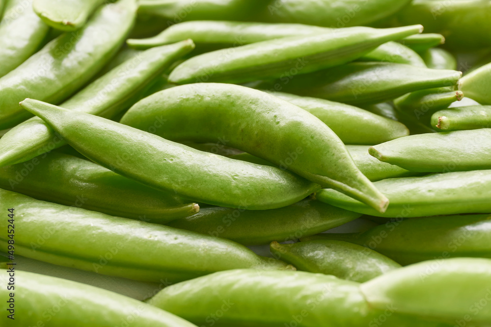 Closeup of fresh organic sugar snap peas or snap peas. Vegetable background with selective focus.      