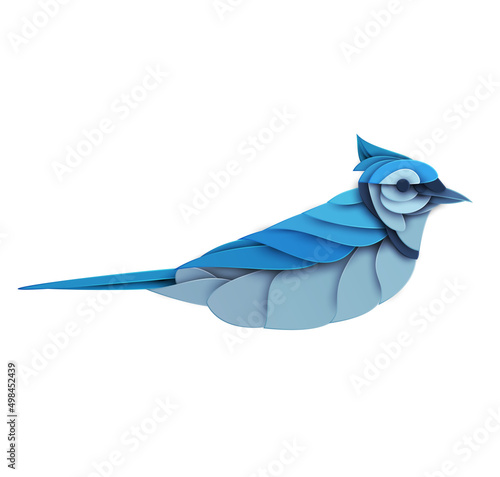 Abstract blue jay bird isolated on white background. Creative 3d concept in cartoon craft paper cut style. Colorful minimal design character. Modern geometric vector illustration.