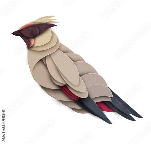 Abstract waxwing bird isolated on white background. Creative 3d concept in cartoon craft paper cut style. Colorful minimal design character. Modern geometric vector illustration. photo
