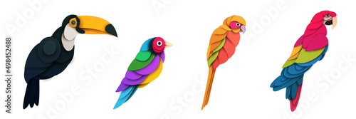 Set of abstract birds isolated on white background. Toucan, aratinga, finches, macaw. Creative 3d concept in cartoon craft paper cut style. Colorful minimal character. Vector illustration.