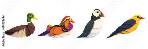 Set of abstract birds isolated on white background. Duck, puffin, oriole. Creative 3d concept in cartoon craft paper cut style. Colorful minimal character. Vector illustration.