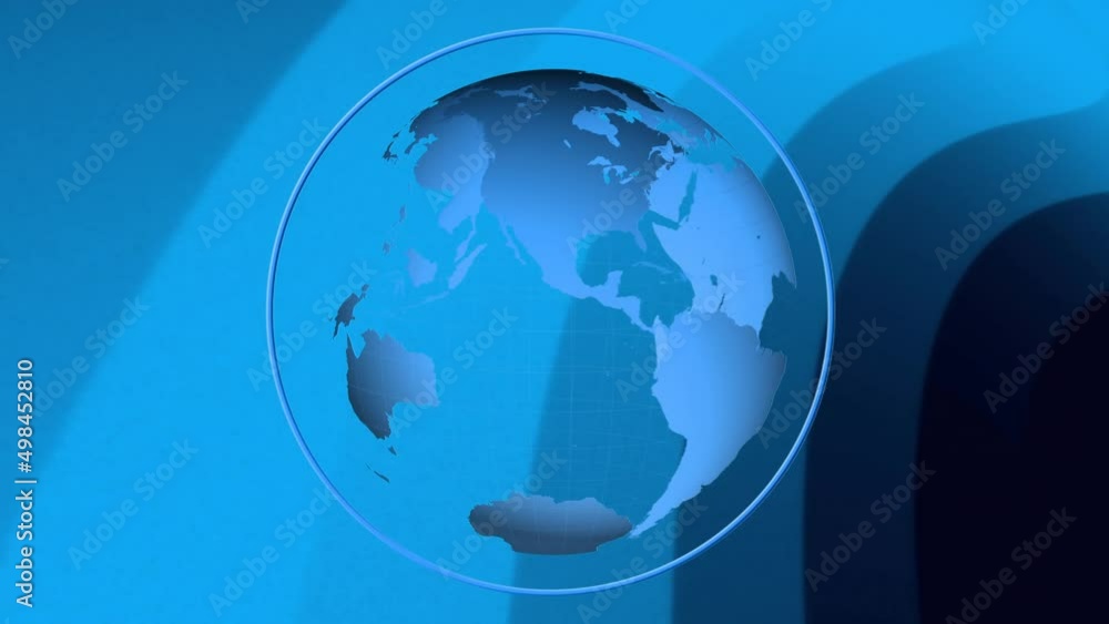 Animation of earth globe spinning over blue light trails pulsating on black background Animation of earth globe spinning over blue light trails pulsating on black background