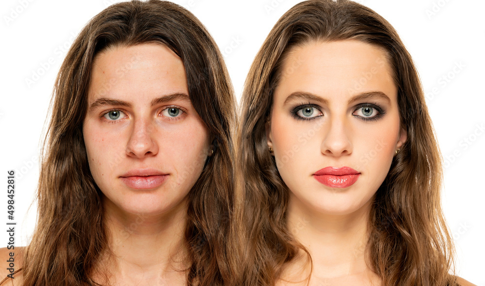 Comparison portrait of a young woman without and with makeup on a white background Comparison portrait of a young woman without and with makeup on a white background