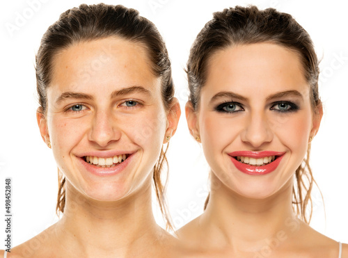 Comparison portrait of a young smiling woman without and with makeup on a white background