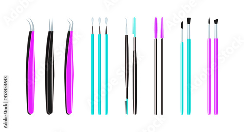Eyelashes and brows brushes set vector illustration. eyebrow plucker tweezers and makeup tools for beauty card and design. Lashmaking, browmaking products collection. Beauty salons industry equipment photo
