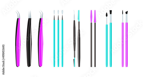 Eyelashes and brows brushes set vector illustration. eyebrow plucker tweezers and makeup tools for beauty card and design. Lashmaking, browmaking products collection. Beauty salons industry equipment