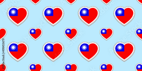 Taiwan flag seamless pattern. Taiwanese vector stickers. Love hearts symbols background. Good choice for sports pages, travel, geographic, elements. repeated flags icons patriotic wallpaper.