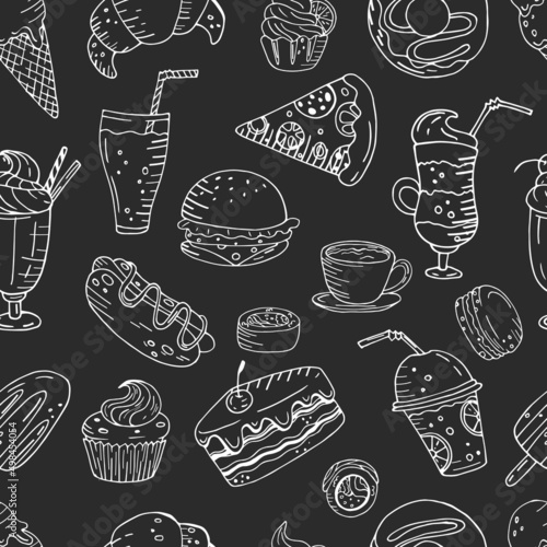 Seamless black and white vector pattern with food and drinks. hand drawn elements on a chalkboard background