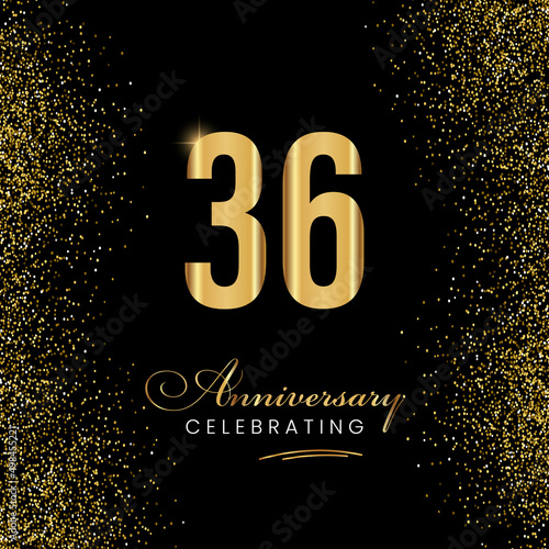 36 Year Anniversary Celebration Vector Template Design. 36 years golden anniversary sign. Gold glitter celebration. Light bright symbol for event, invitation, party, award, ceremony, greeting.