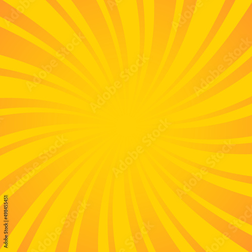 Background of twisted sunburst. Swirl yellow design with orange stripes.