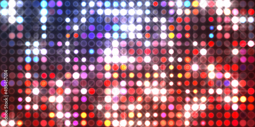 Glowing pattern wallpaper. Glamour background of colorful lights with spotlights. Shining lights party leds on black background. Digital illustration of stage or stadium spotlights.