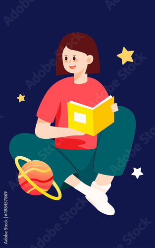 Girl sits on a book and reads with a cosmic starry sky in the background, vector illustration
