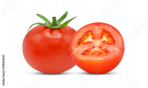 Whole and half tomato isolated on white background.