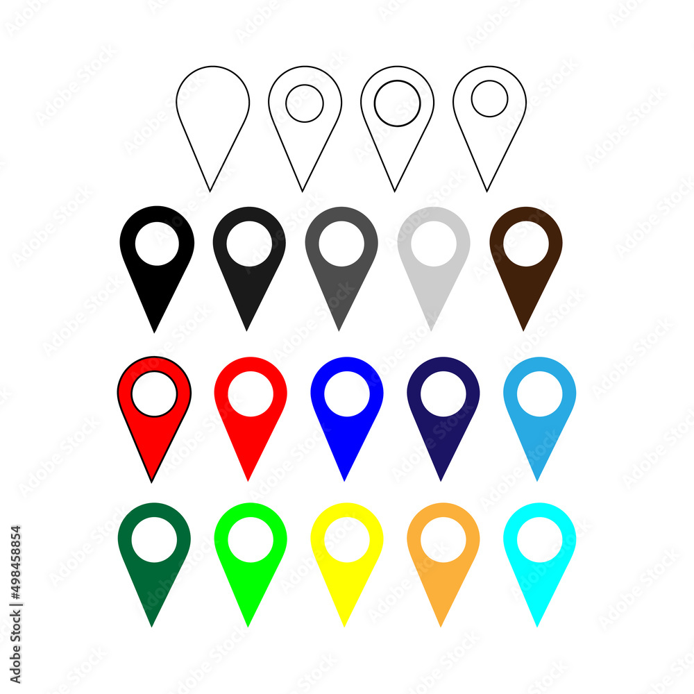 Set of location icons. Colorful location, route icons set isolated on the white background. GPS location map icon. Location pin icons set. Map marker point icon. Set of location icons. Colorful location, route icons set isolated on the white background. GPS location map icon. Location pin icons set. Map marker point icon.