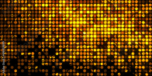 Shining lights party leds on black background. Digital illustration of stage or stadium spotlights. Glowing pattern wallpaper. Glamour background of colorful lights with spotlights.