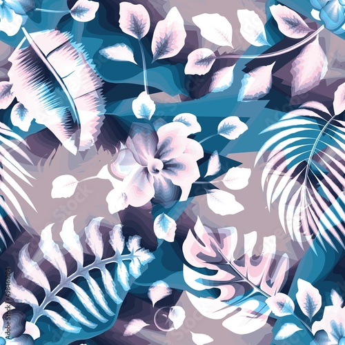 tropical abstract texture banana plants leaves and jasmine flowers pattern. nature seamless background. Floral background. Exotic tropics. Summer design. natural wallpaper print