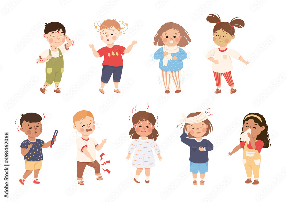 Sick Little Boy and Girl Feeling Unwell Suffering from Chicken Pox, Flu and Dizziness Vector Illustration Set Sick Little Boy and Girl Feeling Unwell Suffering from Chicken Pox, Flu and Dizziness Vector Illustration Set