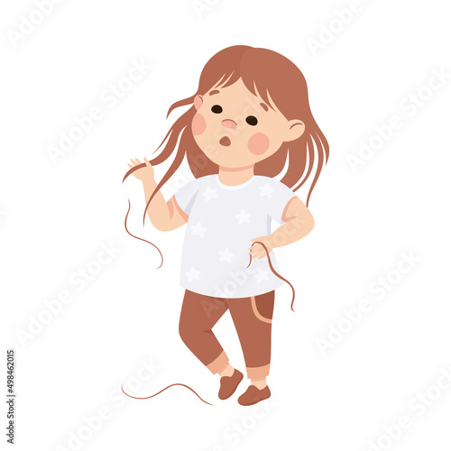 Sick Little Girl Feeling Unwell Suffering from Hair Fall Vector Illustration