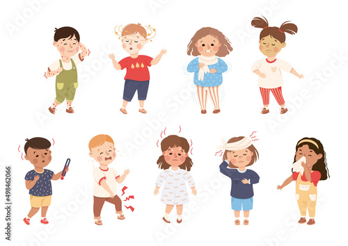 Sick Little Boy and Girl Feeling Unwell Suffering from Chicken Pox, Flu and Dizziness Vector Illustration Set