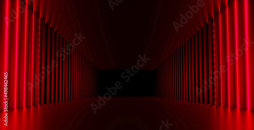 Fotografie Futuristic sci-fi abstract red neon light shapes on black background and reflect