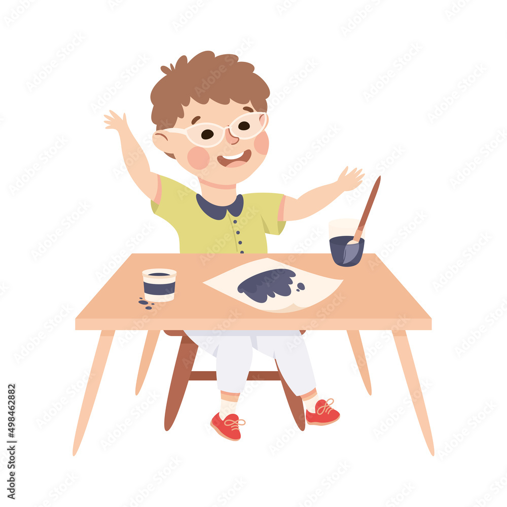 Little Boy Pupil Sitting at Table with Paint Brush Engaged in Elementary Education Vector Illustration Little Boy Pupil Sitting at Table with Paint Brush Engaged in Elementary Education Vector Illustration