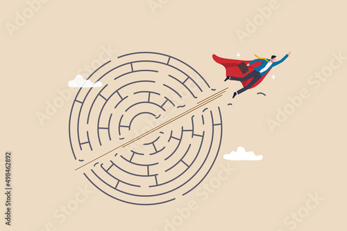 Breakthrough obstacle or problem with creativity, leadership determination to overcome difficulty and progress to success concept, businessman superhero flying breakthrough difficult maze labyrinth.