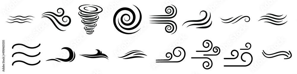 Wind Sign Black Thin Line Icon Set Include of Storm, Wave, Flowing and Swirl. Vector illustration of Icons. Wind Sign Black Thin Line Icon Set Include of Storm, Wave, Flowing and Swirl. Vector illustration of Icons.