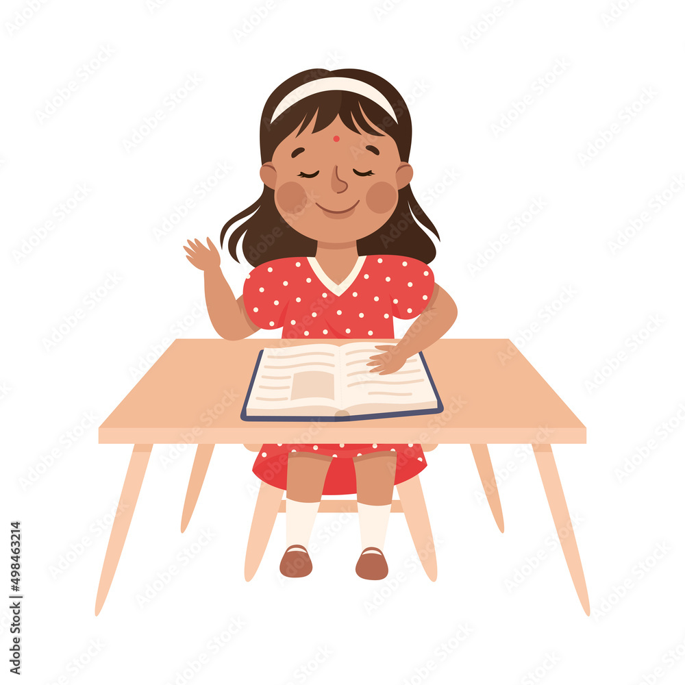 Little Indian Girl Pupil Sitting at Table with Book Engaged in Elementary Education Vector Illustration Little Indian Girl Pupil Sitting at Table with Book Engaged in Elementary Education Vector Illustration