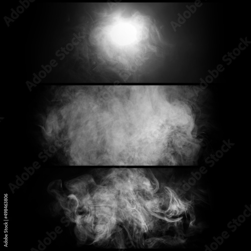 Smoke over black background. Fog or steam abstract texture collage. Set collection.