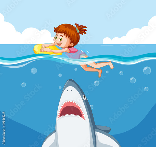 A girl escaping shark in the water