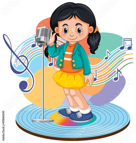 Singer girl cartoon with music melody symbols