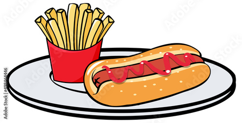 Plate of hotdog and frenchfries