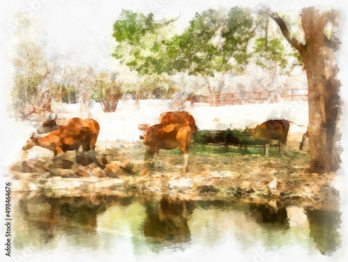 a herd of wild deer drinking water watercolor style illustration impressionist painting.