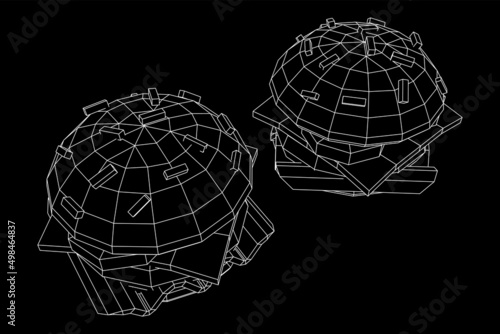 Hamburger or cheeseburger with cutlets, cheese, tomatoes, and other. Wireframe low poly mesh vector illustration.