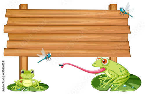 Blank wooden signboard with frogs