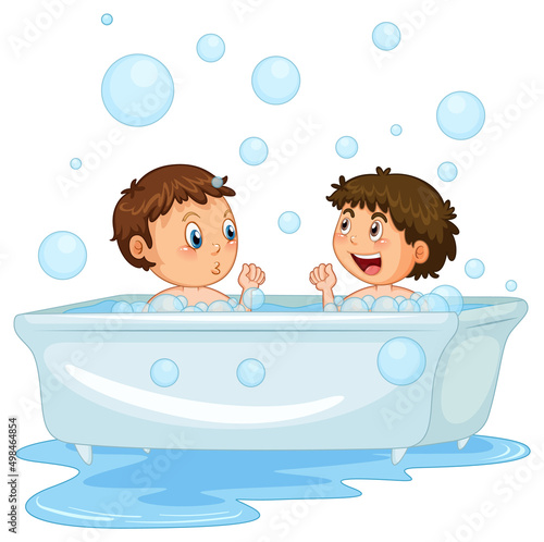 Boy taking a bath on white background