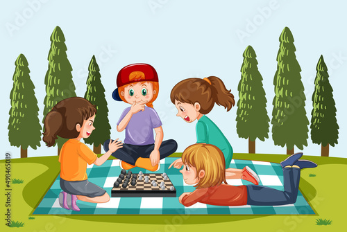 A natural scene landscape with children playing boardgame