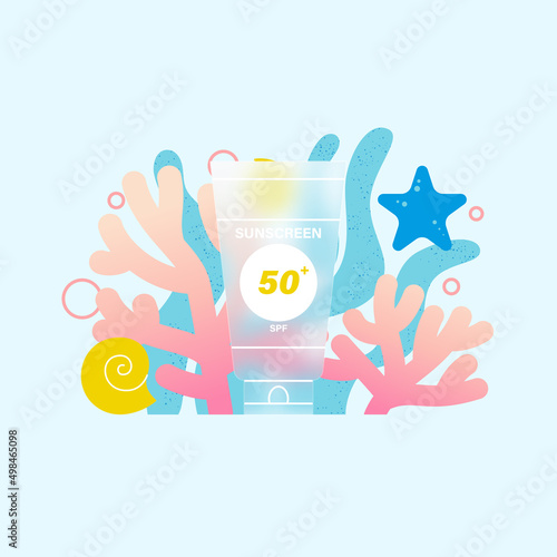 Pack of sunscreen with coral and ocean animals background glass morphism effect. Sun protection SPF 50 plus. Moisturizes and protects the skin from ultraviolet light. Flat vector illustration