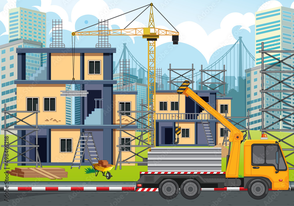 Cartoon scene of building construction site Cartoon scene of building construction site