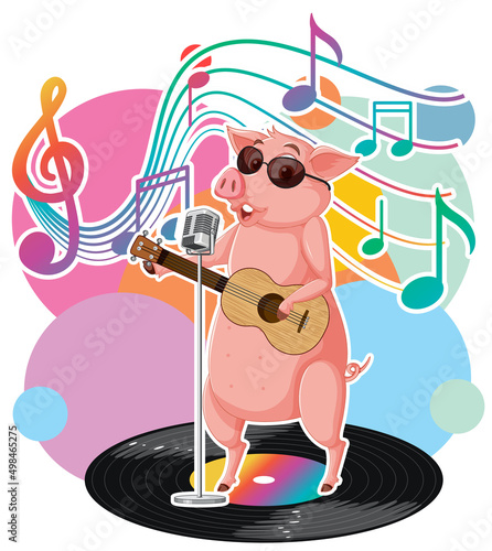 Singer piggy cartoon with music melody symbols