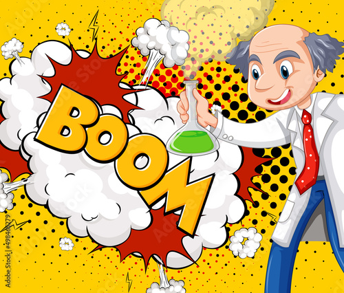 Scientist character with boom speech and facial expression retro comic