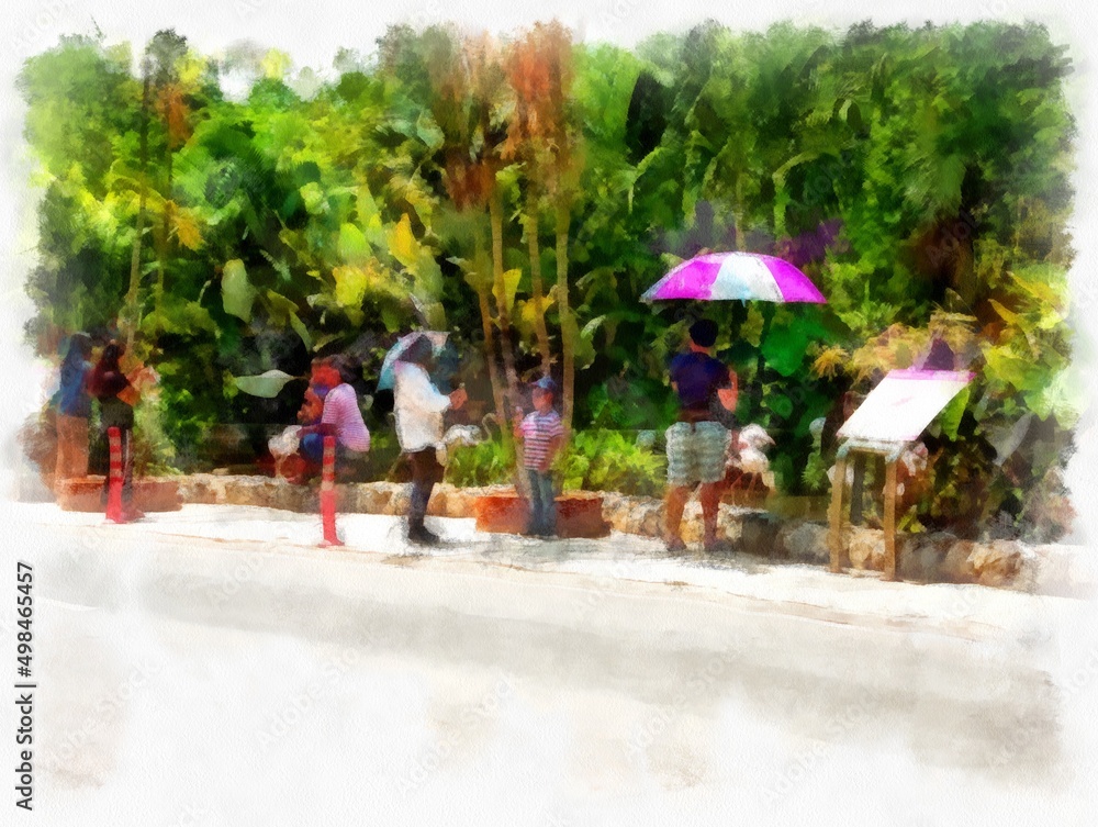 people walking in the park watercolor style illustration impressionist painting.