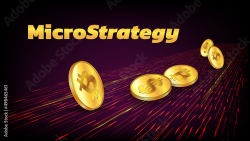 Banner MicroStrategy Incorporated with coins of Bitcoin BTC and Dollars USD on dark road from digits. Company that buys bitcoins and other digital coins and pushes market up.