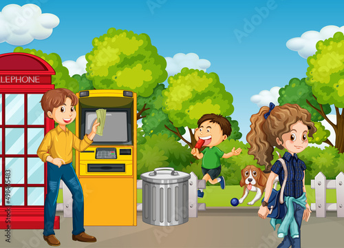 ATM machine street scene with people