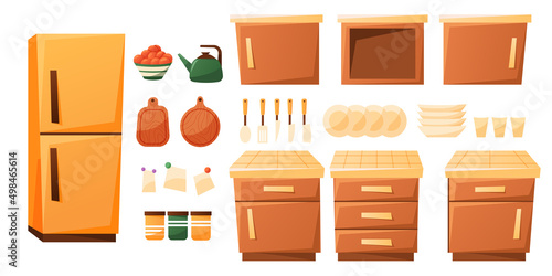 Vector cartoon set of kitchen furniture, dishes and appliances. Cooker counter and fridge.
