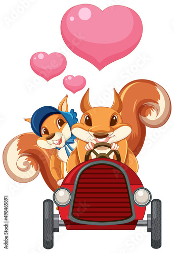 Cute squirrel driving red car